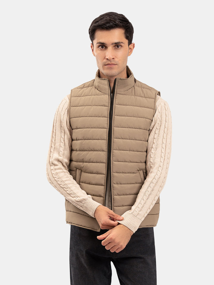 Brumano Mens RTW Solids Poly Jacket Suit Tan Brown Puffer With Leather Detailing Winter Collection