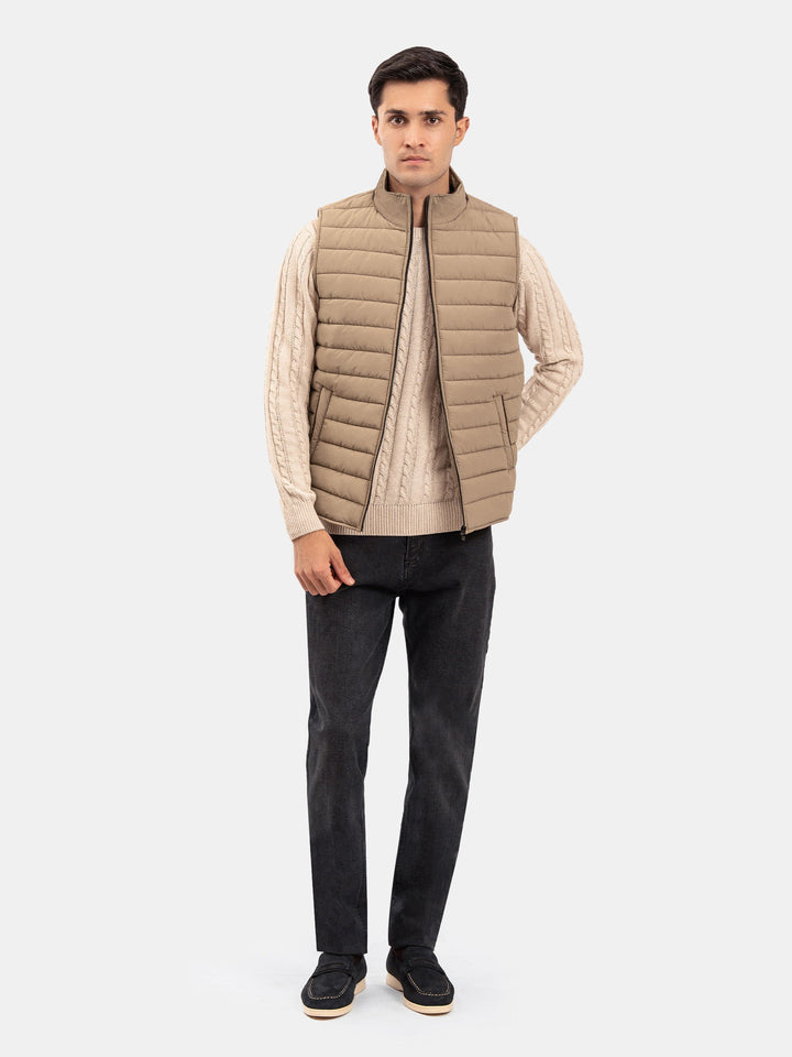 Brumano Mens RTW Solids Poly Jacket Suit Tan Brown Puffer With Leather Detailing Winter Collection
