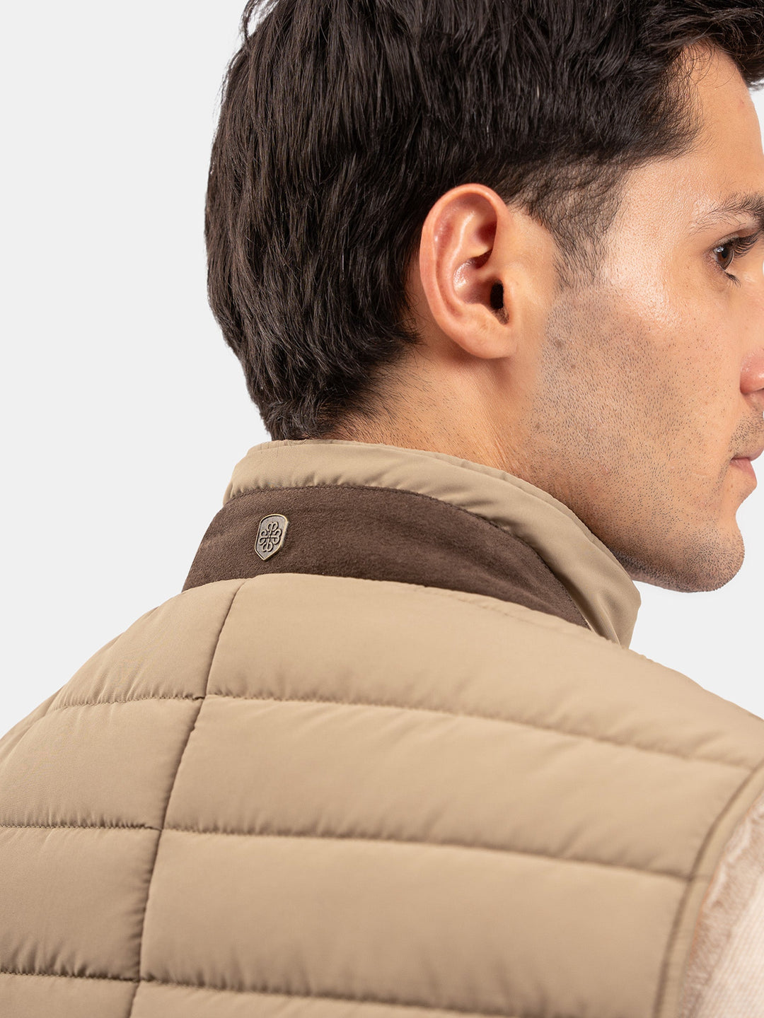 Brumano Mens RTW Solids Poly Jacket Suit Tan Brown Puffer With Leather Detailing Winter Collection