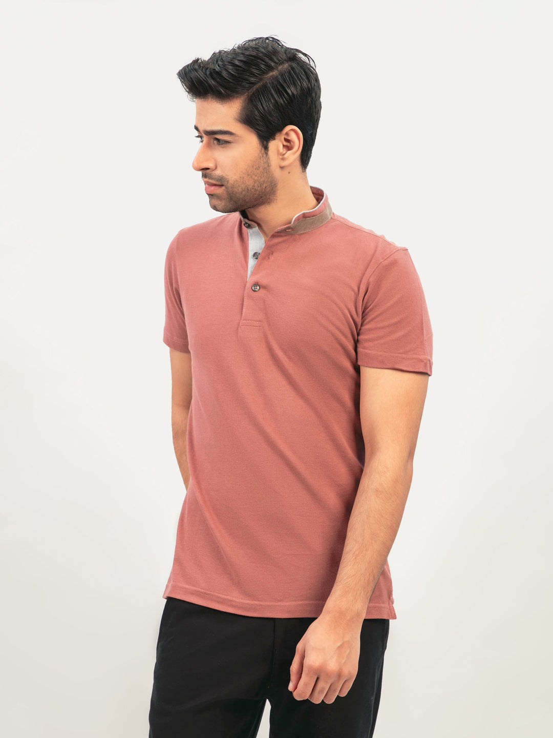 Brumano  Solids Cotton Polo Tea Pink Mao Collar Polo Shirt With Detailing