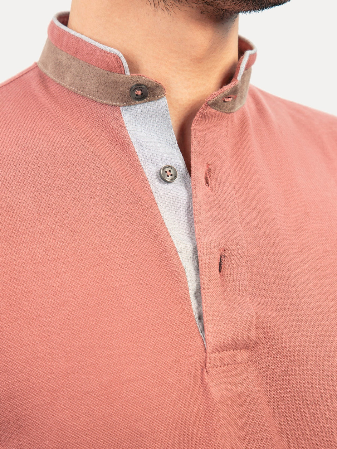 Brumano  Solids Cotton Polo Tea Pink Mao Collar Polo Shirt With Detailing