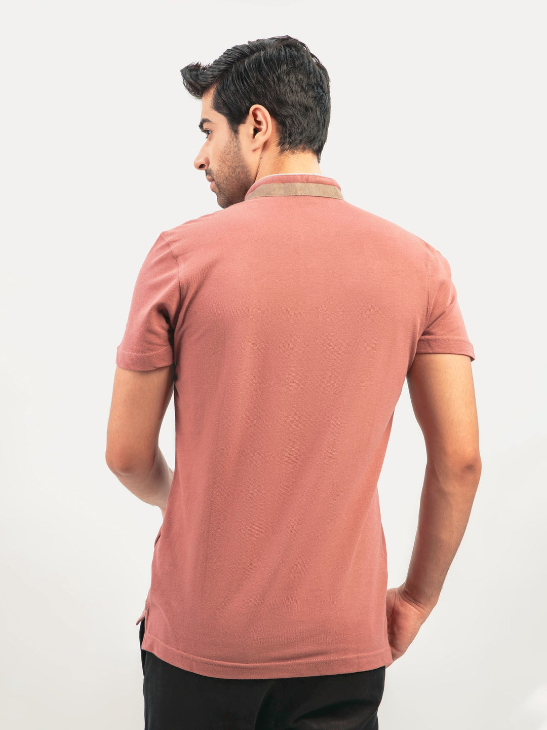 Brumano  Solids Cotton Polo Tea Pink Mao Collar Polo Shirt With Detailing