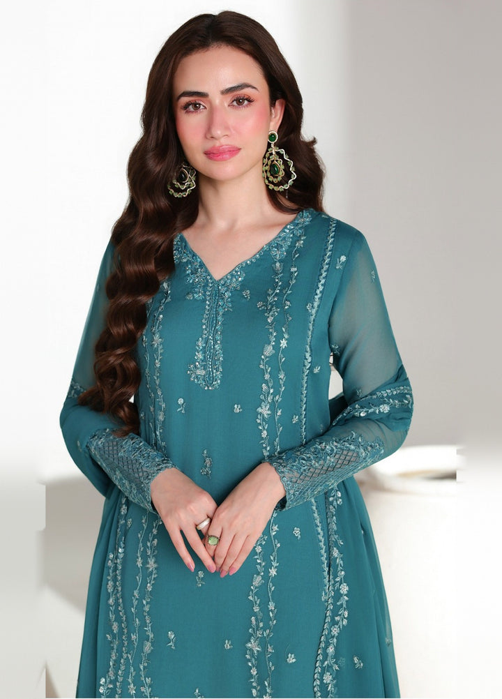 Ensembles by Azure Unstitched Embroidered Chiffon 3 Piece Suit AZ26UEF Teal Affair - Festive Collection