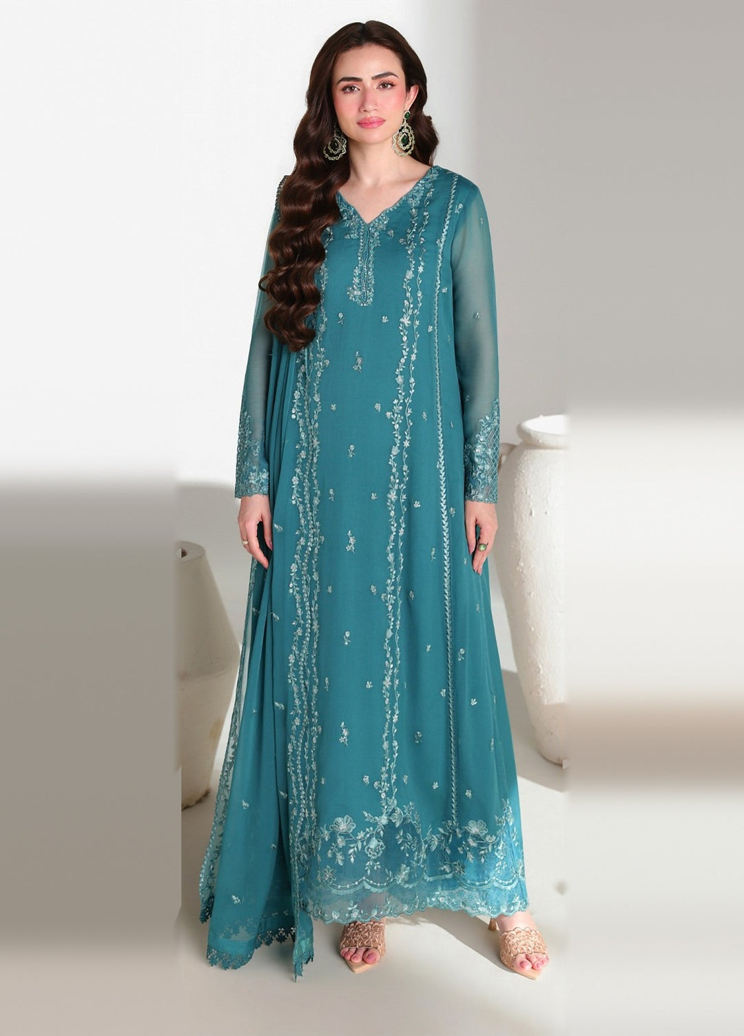 Ensembles by Azure Unstitched Embroidered Chiffon 3 Piece Suit AZ26UEF Teal Affair - Festive Collection