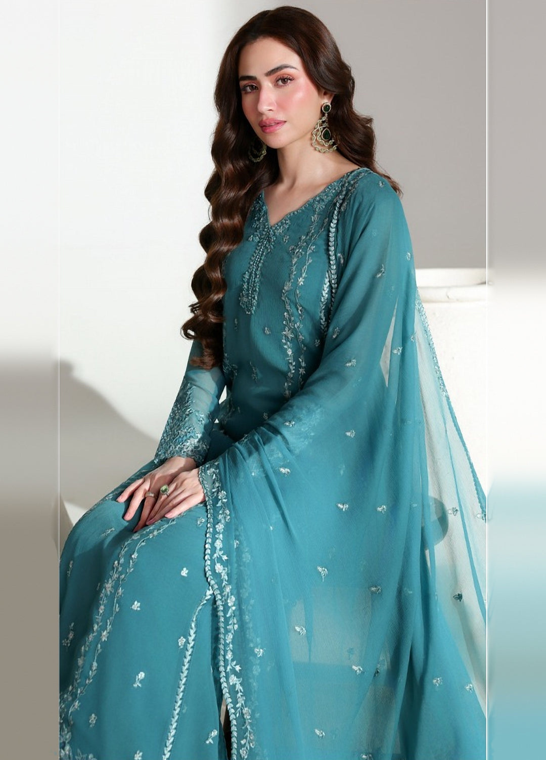 Ensembles by Azure Unstitched Embroidered Chiffon 3 Piece Suit AZ26UEF Teal Affair - Festive Collection