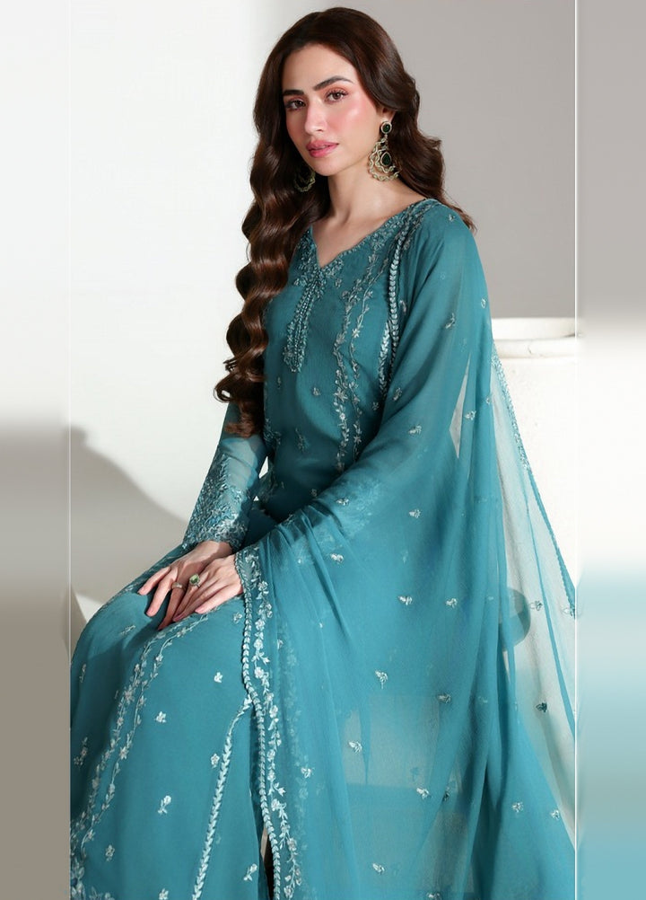 Ensembles by Azure Unstitched Embroidered Chiffon 3 Piece Suit AZ26UEF Teal Affair - Festive Collection