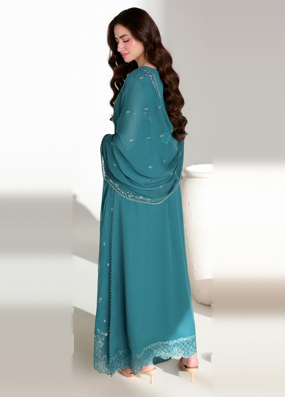 Ensembles by Azure Unstitched Embroidered Chiffon 3 Piece Suit AZ26UEF Teal Affair - Festive Collection