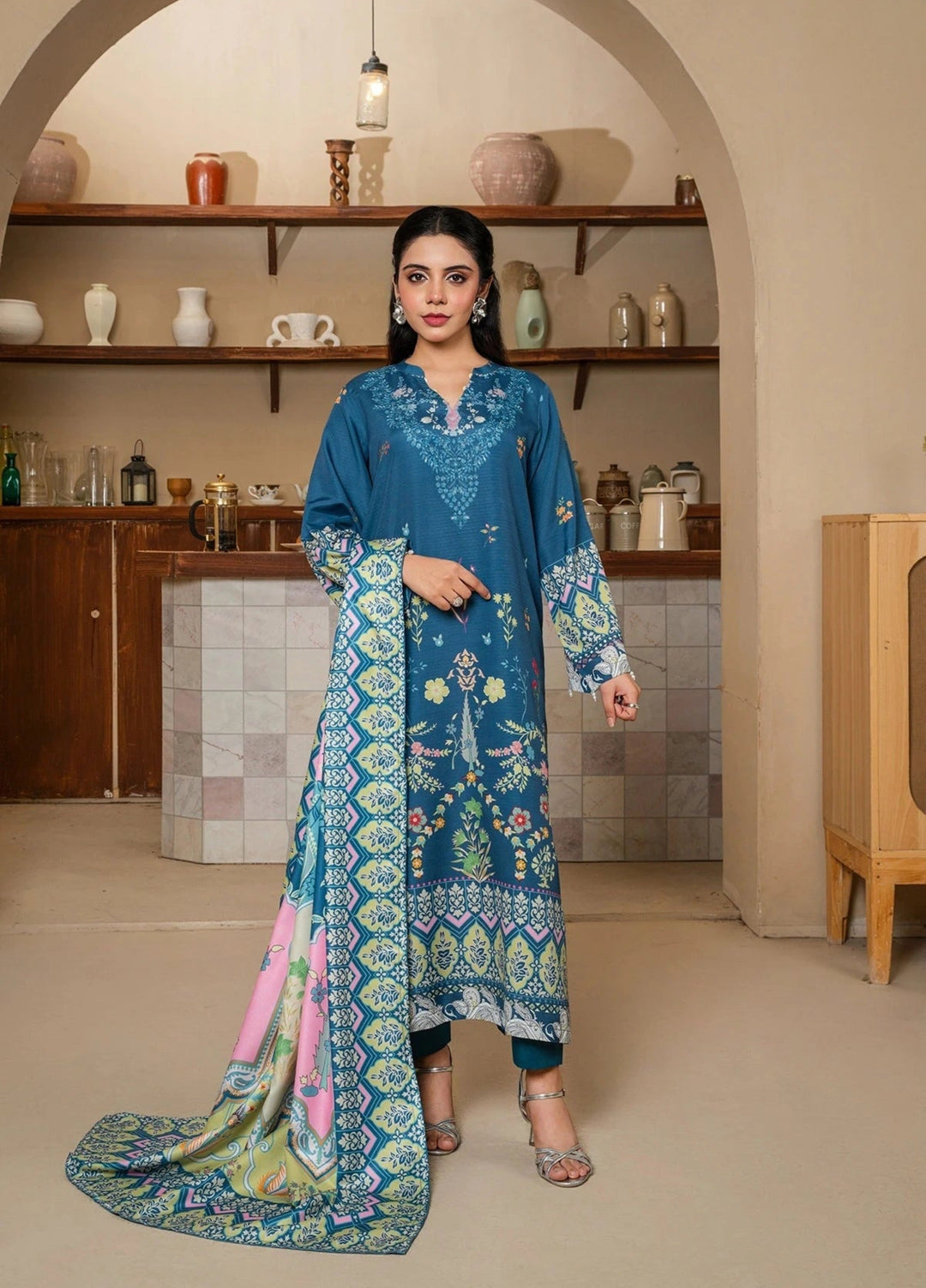Mataish Women RTW Printed Crepe 3 Piece Suit Teal Blossom Suit - Festive Collection