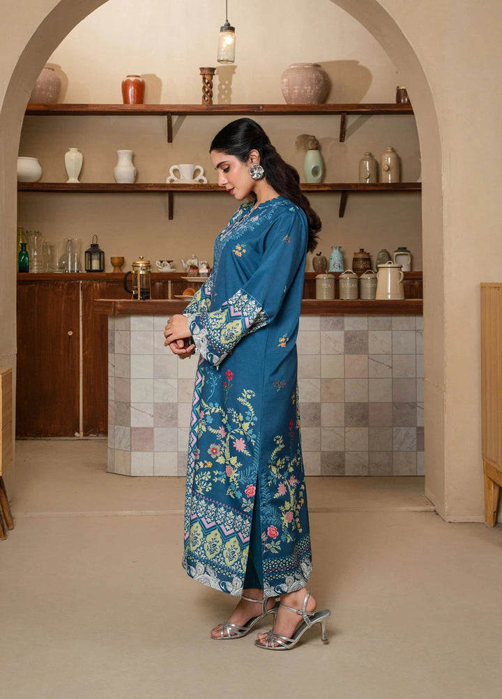 Mataish Women RTW Printed Crepe 3 Piece Suit Teal Blossom Suit - Festive Collection