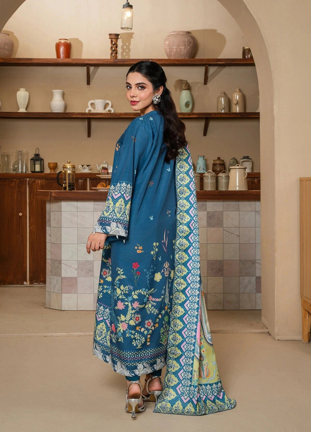 Mataish Women RTW Printed Crepe 3 Piece Suit Teal Blossom Suit - Festive Collection