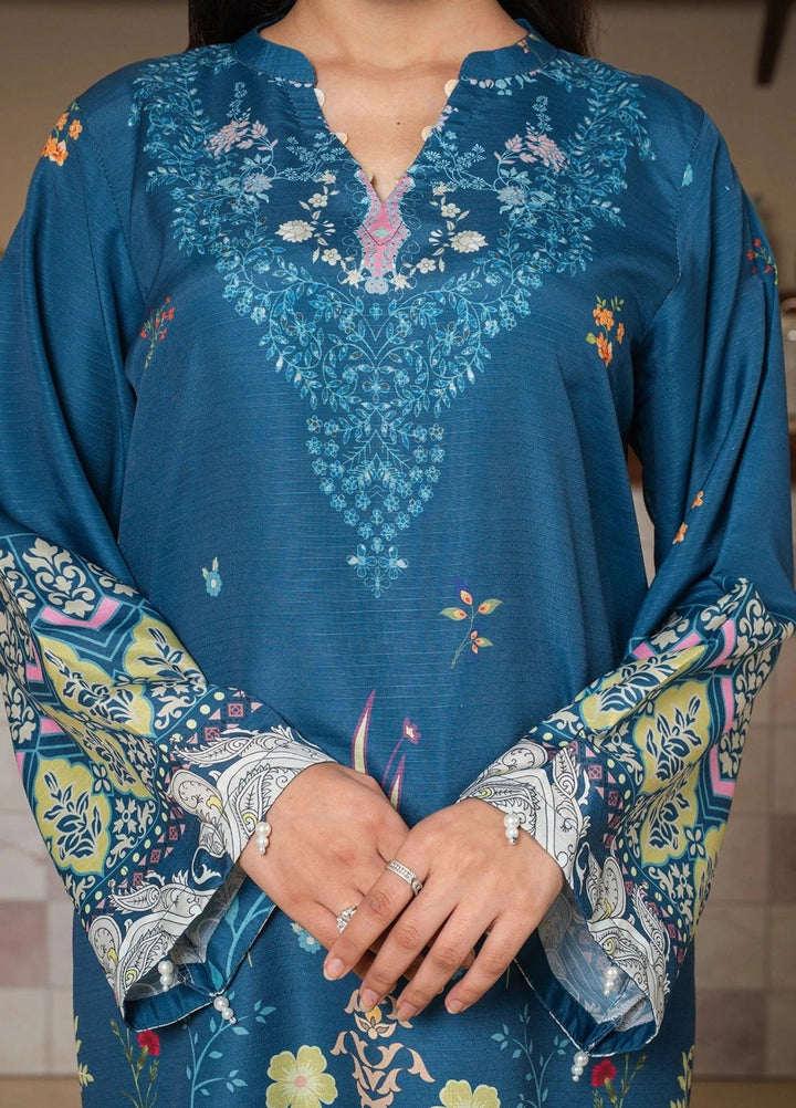 Mataish Women RTW Printed Crepe 3 Piece Suit Teal Blossom Suit - Festive Collection