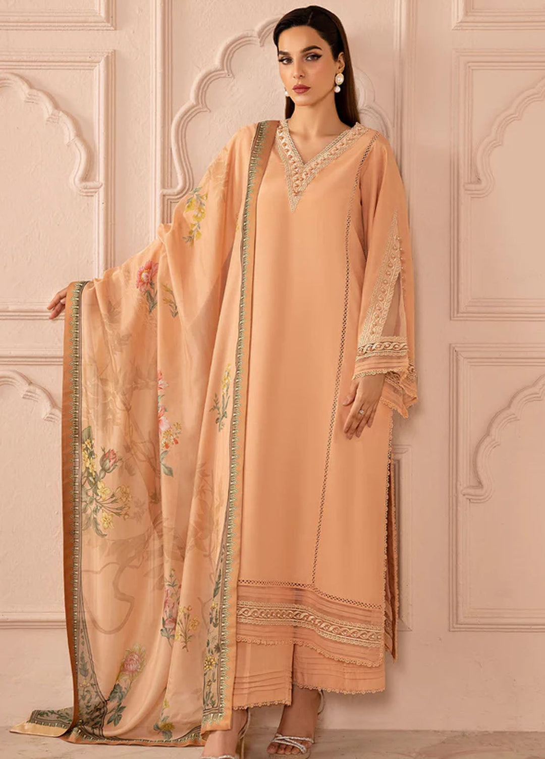 Tessa Studio Pret Printed Raw Silk 3 Piece Suit Peach delight