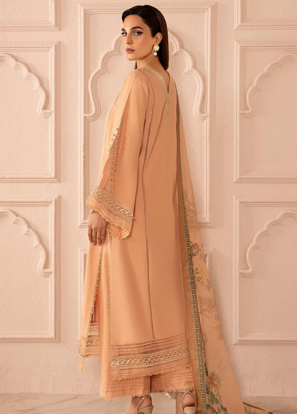 Tessa Studio Pret Printed Raw Silk 3 Piece Suit Peach delight
