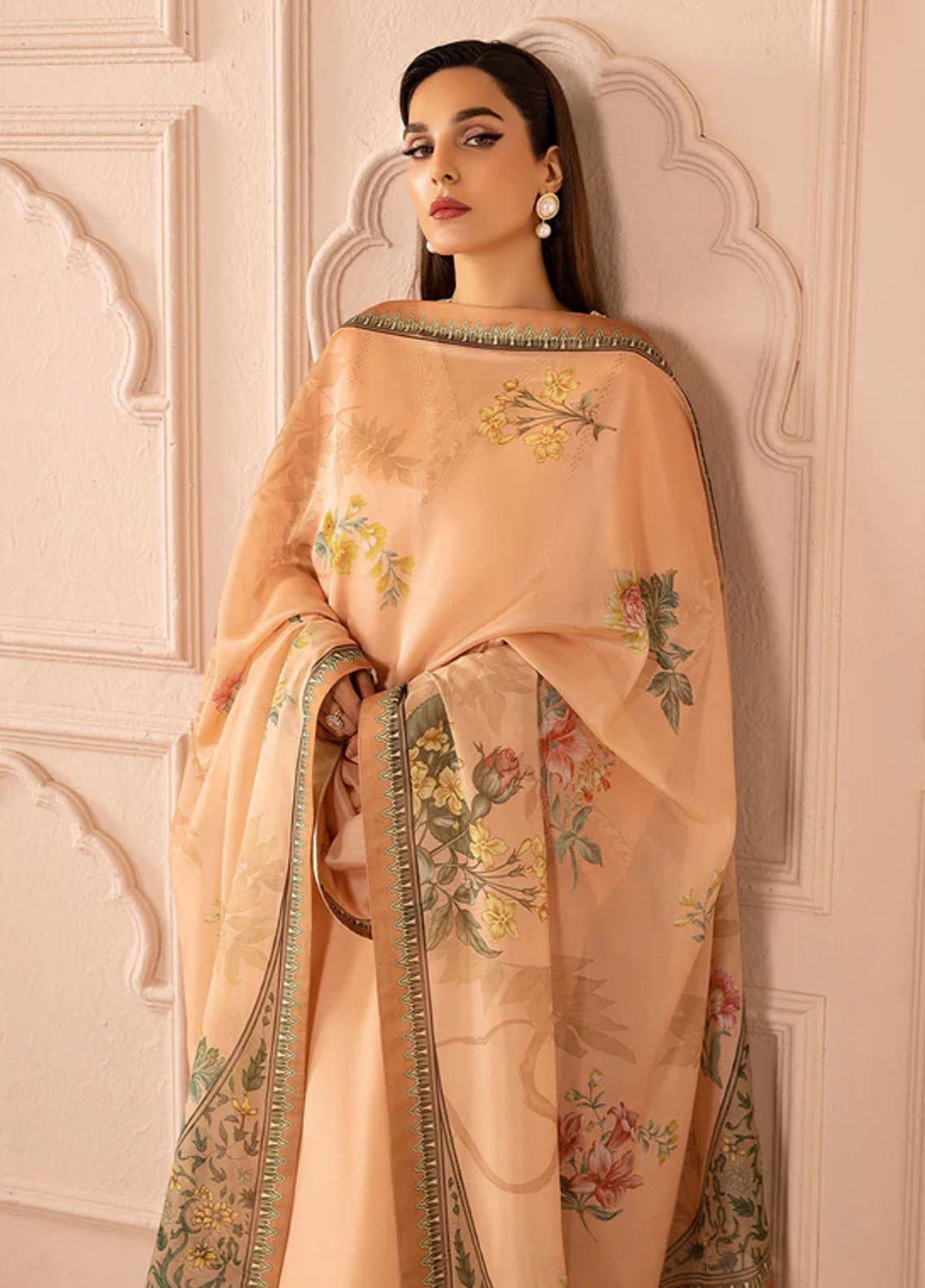 Tessa Studio Pret Printed Raw Silk 3 Piece Suit Peach delight