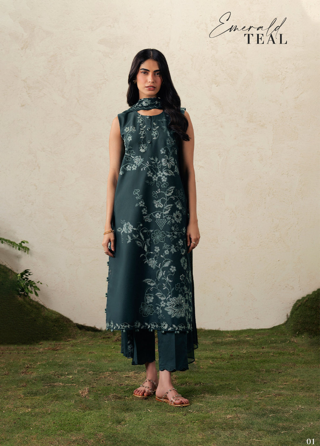 Moonsoon Edit by Cross Stitch Unstitched Embroidered Cambric 3 Piece Suit CS26UCM Emerald Teal - Casual Collection