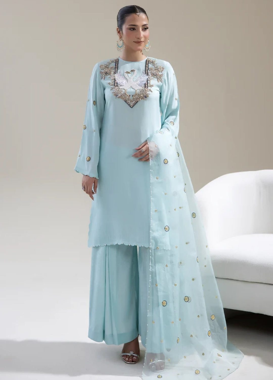 Alee Malic RTW Hand Work Raw Silk 3 Piece Suit Cygnus Blue - Wedding Collection