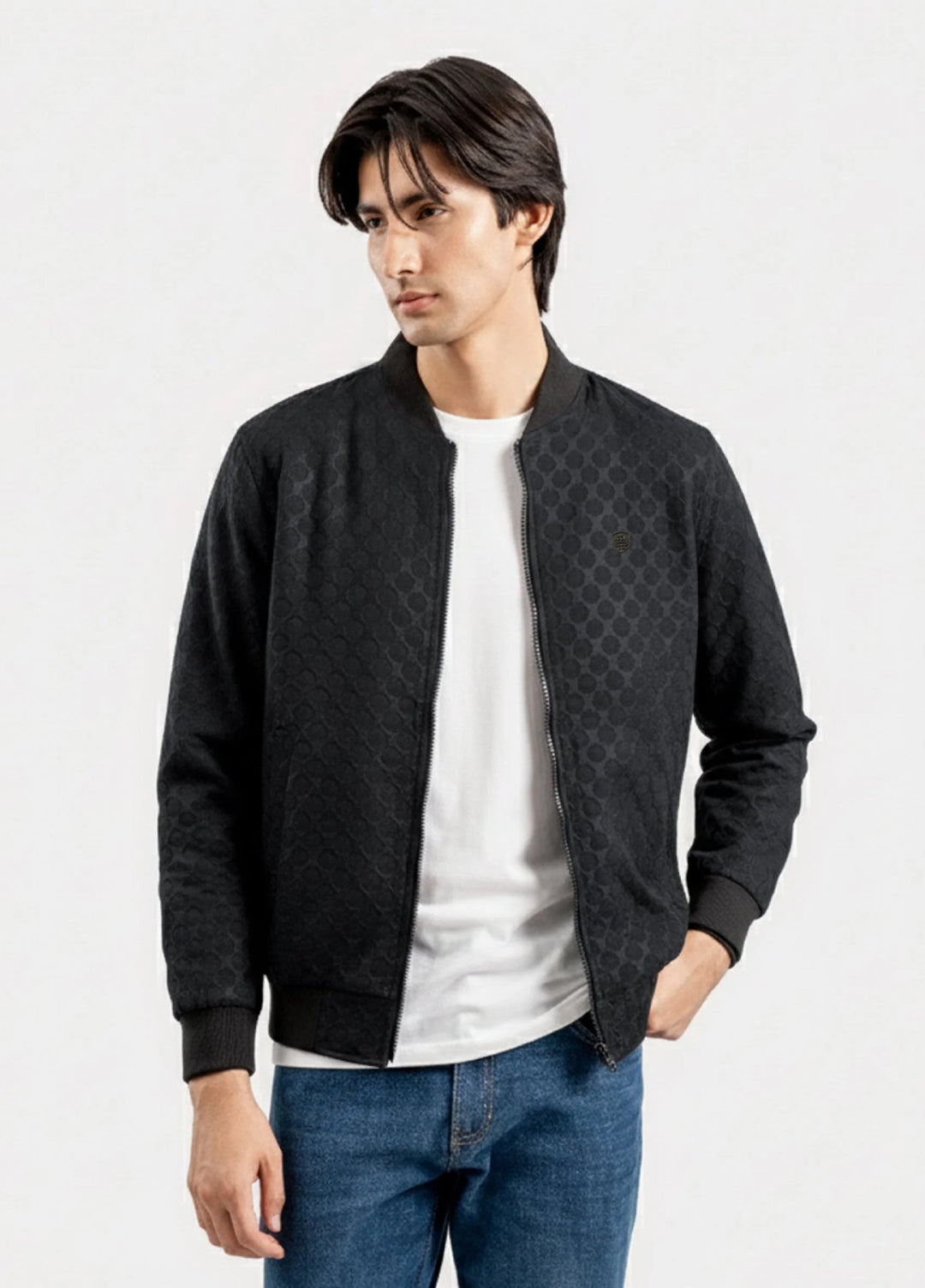 Brumano Pret Solids Polyester 1 Piece Black Jacquard Bomber Jacket