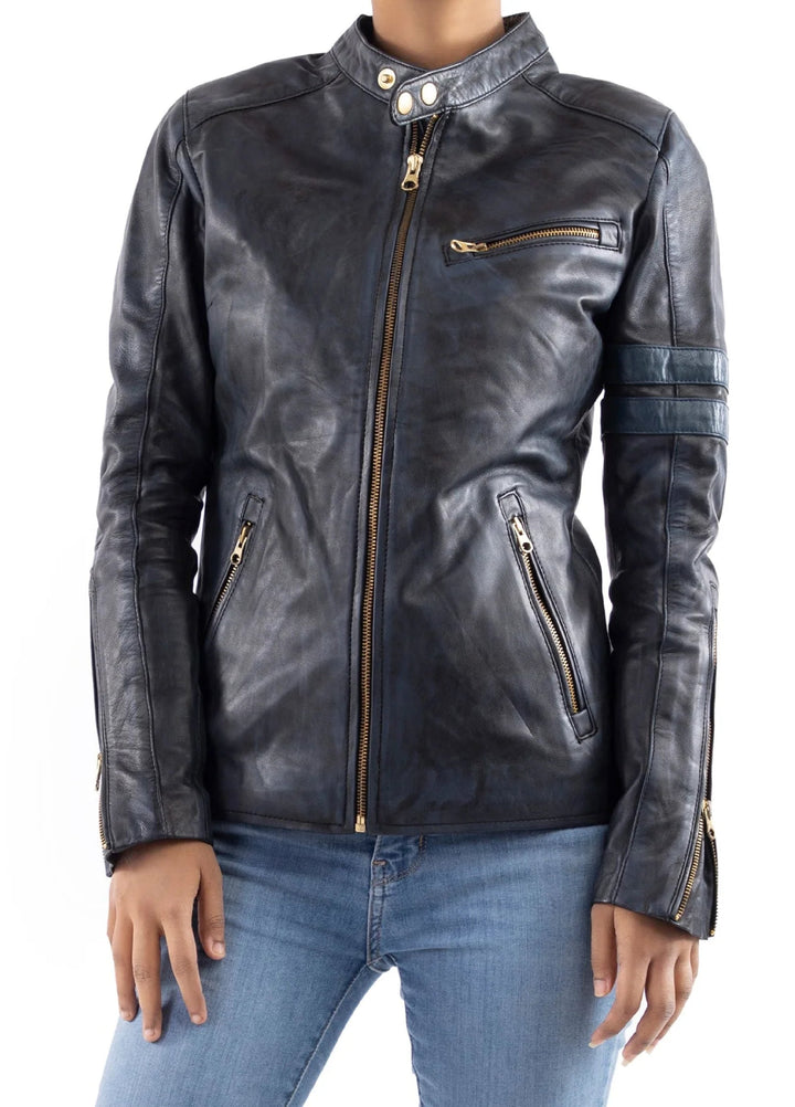 Jild Bomber Jacket Solids Distressed Racer Vintage Leather Jacket Women Blue - Winter Collection