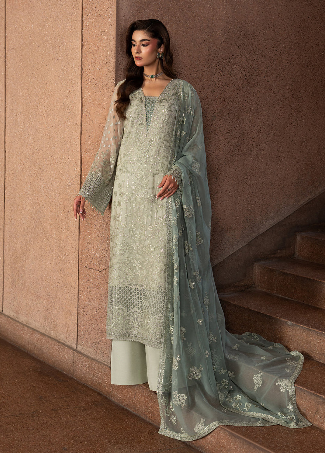 Lazawal by Lavish Premium Unstitched Embroidered Chiffon 3 Piece Suit LVP26UCL Pistachio Pearl - Festive Collection