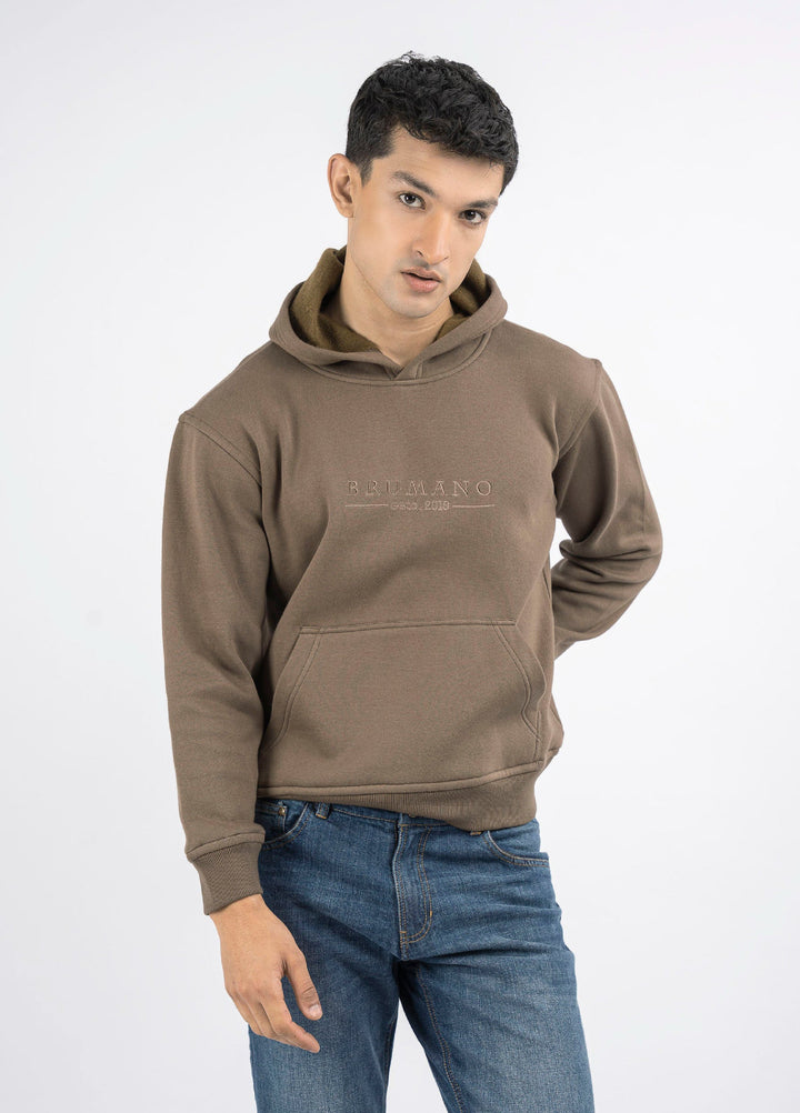 Brumano Embroidered Fleece Brown Embroidered Relaxed Fit Hoodie - Winter Collection