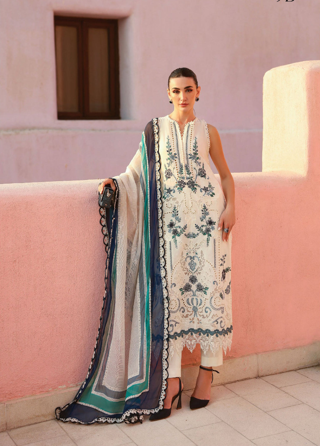 Maria B Unstitched Embroidered Luxury Lawn 3 Piece Suit MB26UEL 9B - Eid Collection