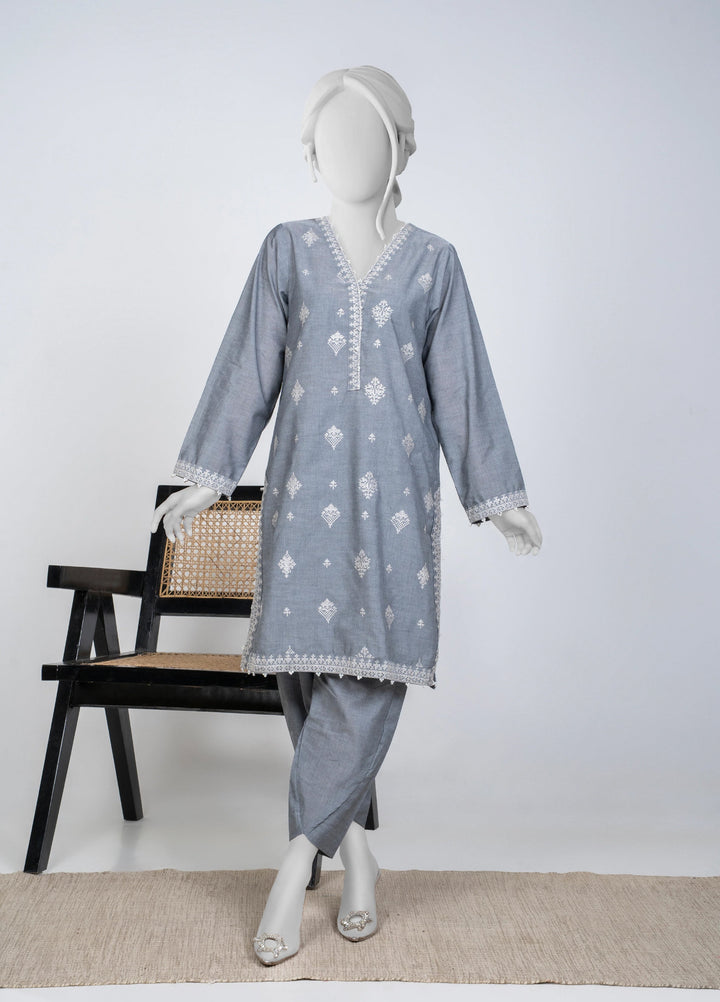 Ayla Studio Women Pret Chambray Solid Embroidered 2-Piece RTW Grey - Winter Collection