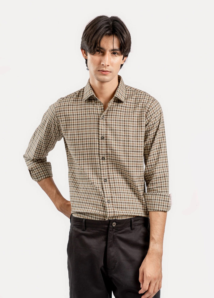 Brumano Ready To Wear Shirts Men 1 Piece Cotton Brown Flannel Gingham Checkered Shirt 0-31-025-4468 - Summer Collection