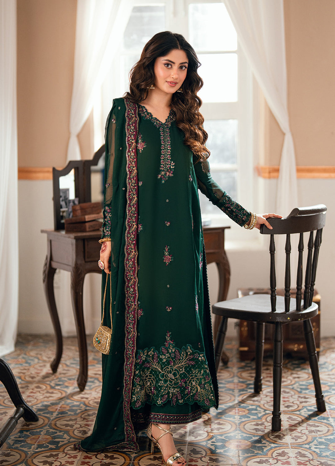 Eid Ensembles by Azure Unstitched Embroidered Chiffon 3 Piece Suit AZ26UEE ES-131 Glimmer Green - Eid Collection