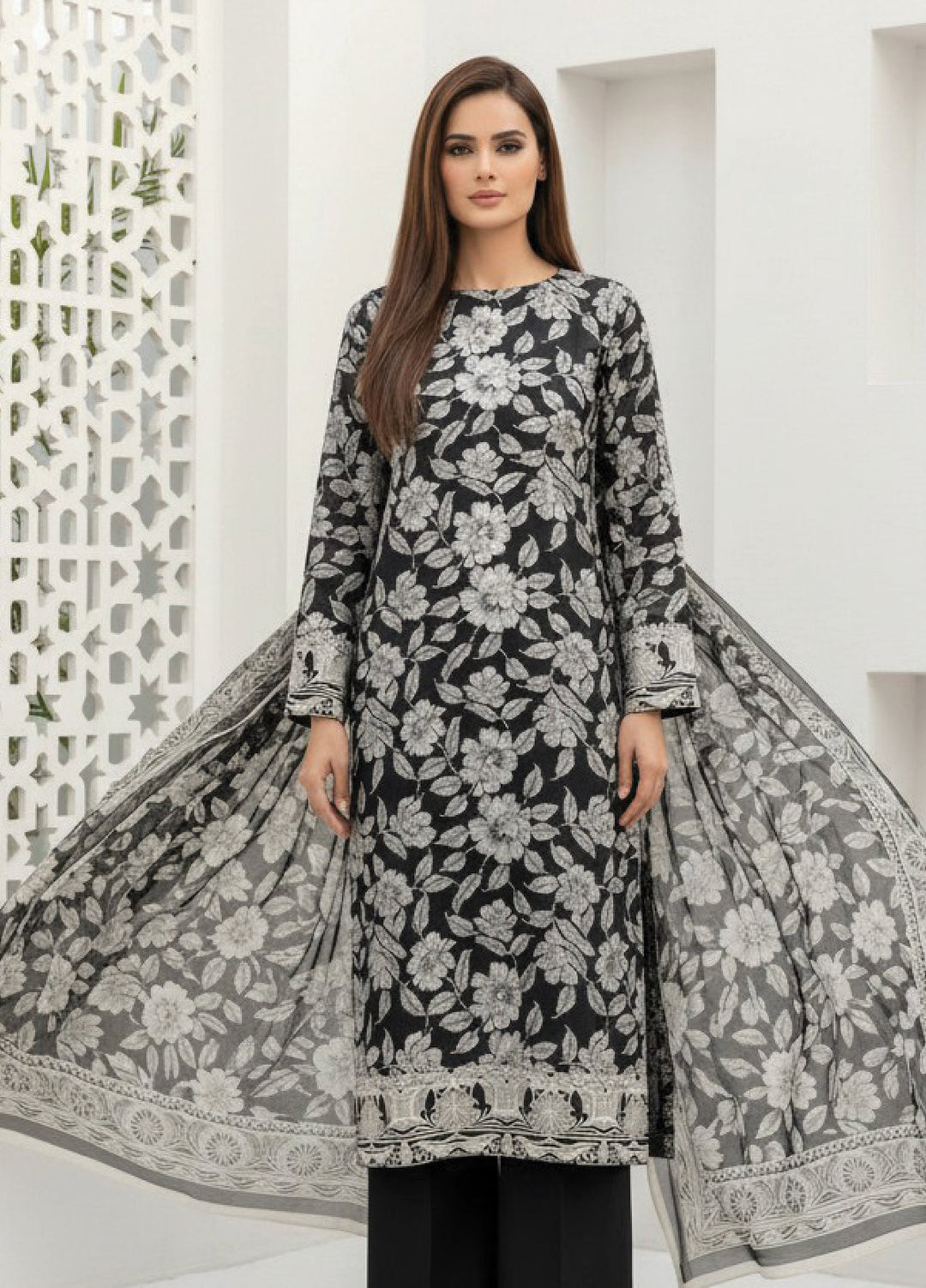 Black N White by Regalia Textiles Unstitched Printed Lawn 3 Piece Suit RG26ULBW D8 - Casual Collection