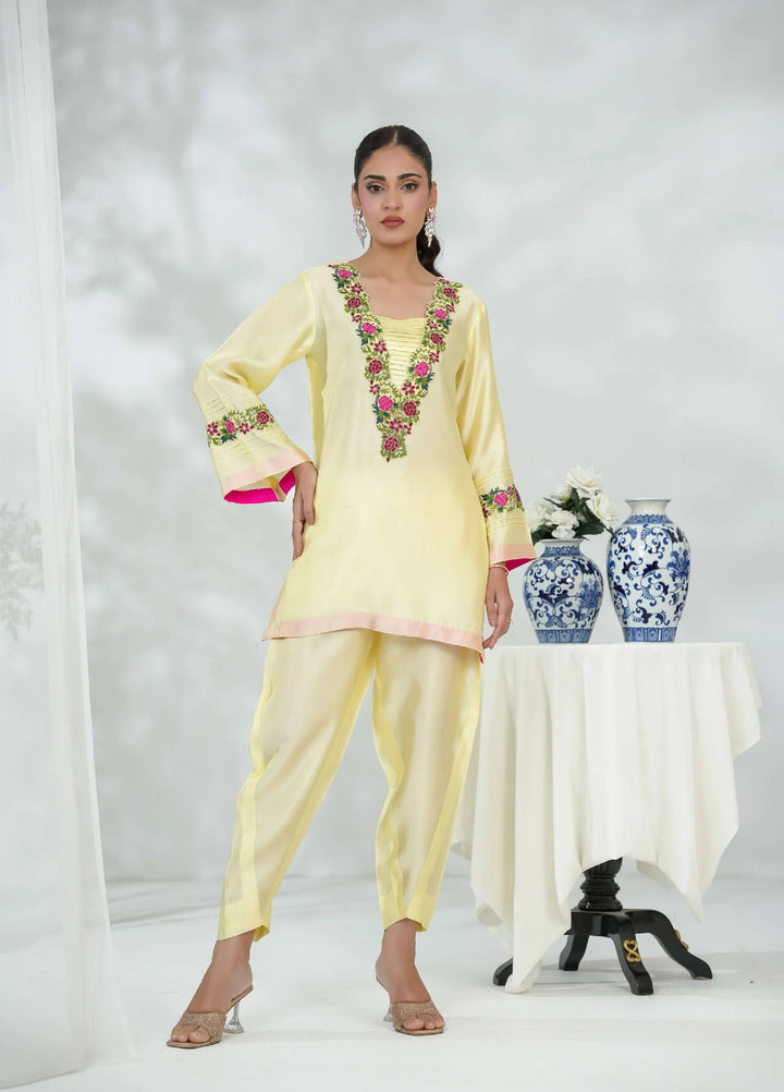 Silcot Pret Embroidered Silk Ensemble Lemon blossom - Winter Collection