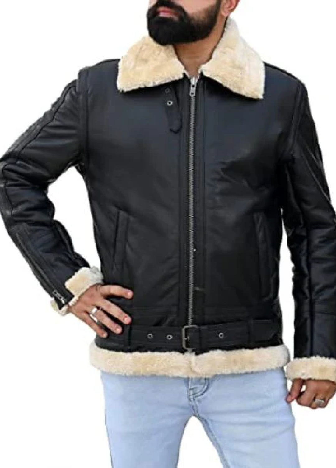 Jild Bomber Jacket Solids Mens Premium Shearling Fur Leather Jacket Black - Winter Collection