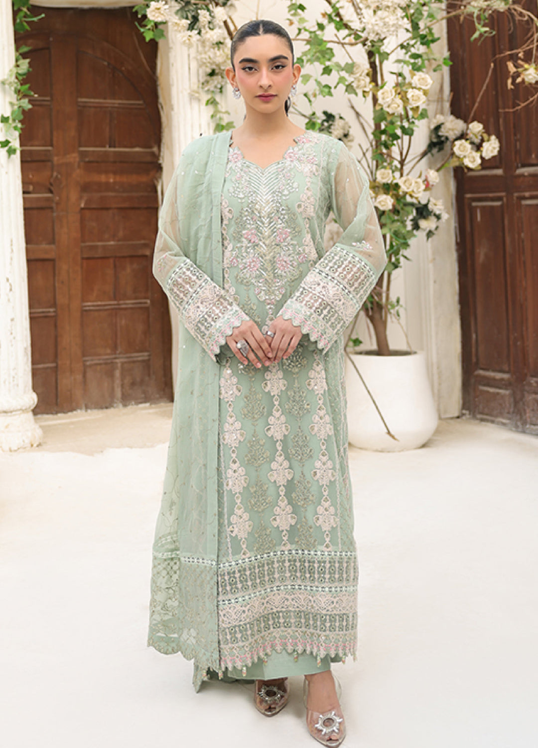 Lamhay by Shamooz Unstitched Embroidered Chiffon 3 Piece Suit SHM26UL Lime Green - Festive Collection