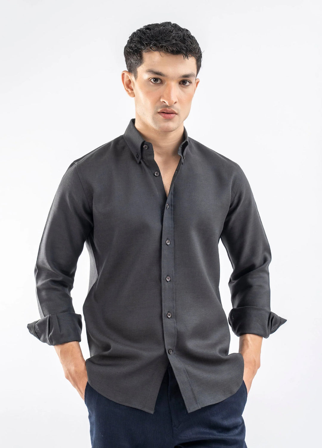 Brumano Ready To Wear Shirts Men 1 Piece Cotton Dark Charcoal 100% Linen Shirt 0-32-025-4196 - Summer Collection