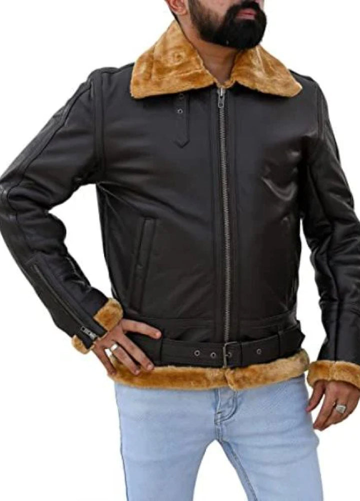 Jild Bomber Jacket Solids Mens Premium Shearling Fur Leather Jacket Brown - Winter Collection