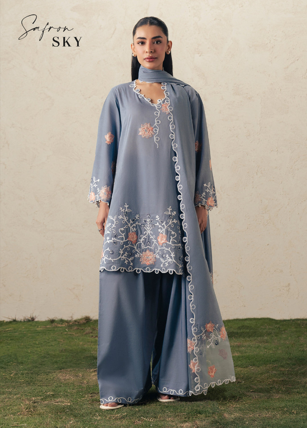 Moonsoon Edit by Cross Stitch Unstitched Embroidered Cambric 3 Piece Suit CS26UCM Safron Sky - Casual Collection
