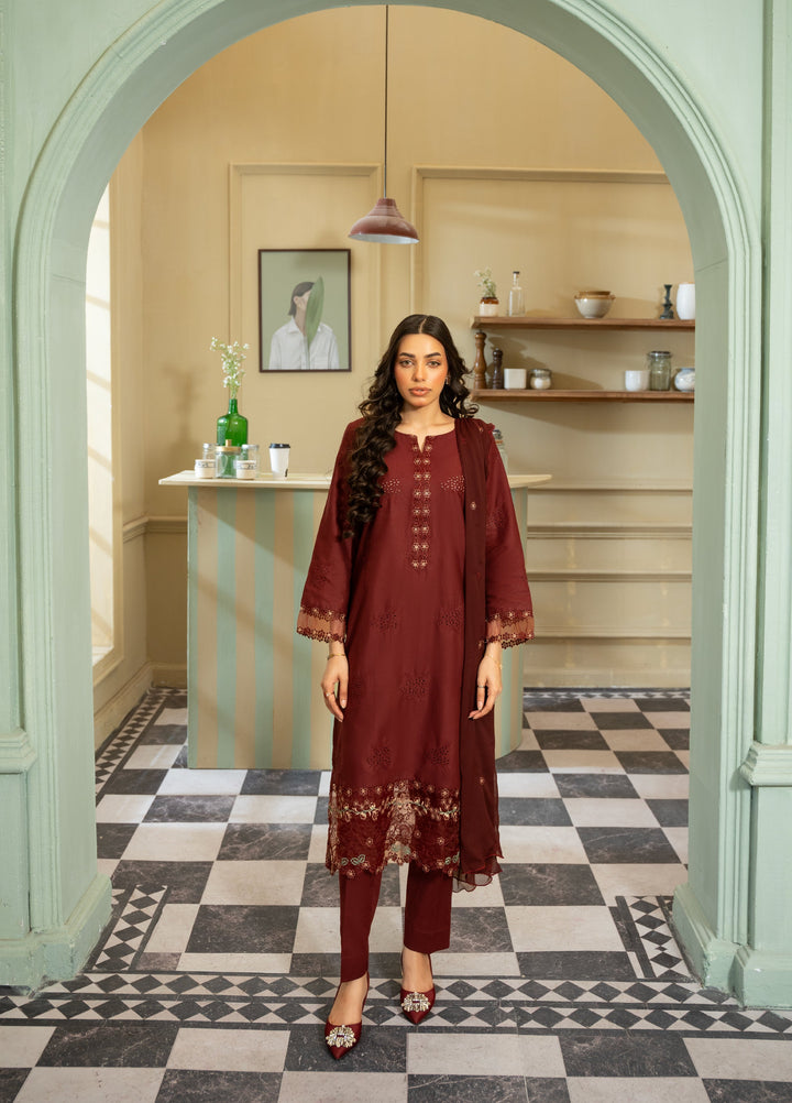 Naaz Couture Women RTW Embroidered Lawn 3 Piece Suit NC26RLC Maroon - Casual Collection