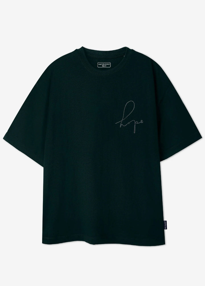 Brumano Cotton Printed Men - Dark Green Oversized T-Shirt With Minimalist 'Hope' Embroidery