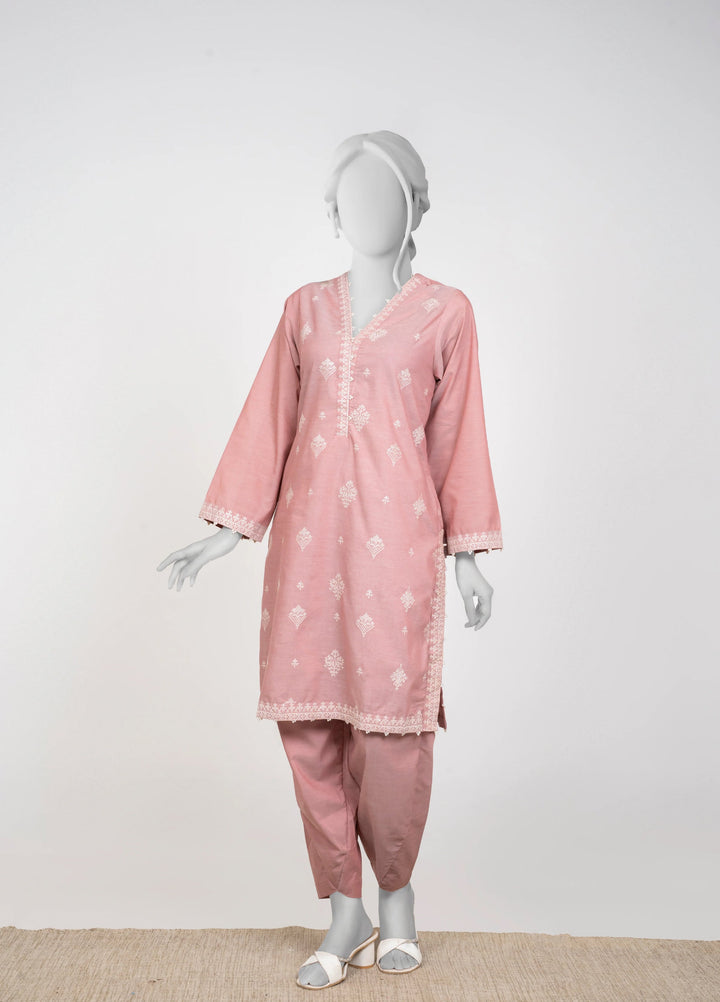 Ayla Studio Women Pret Chambray Solid Embroidered 2-Piece RTW Pink - Winter Collection