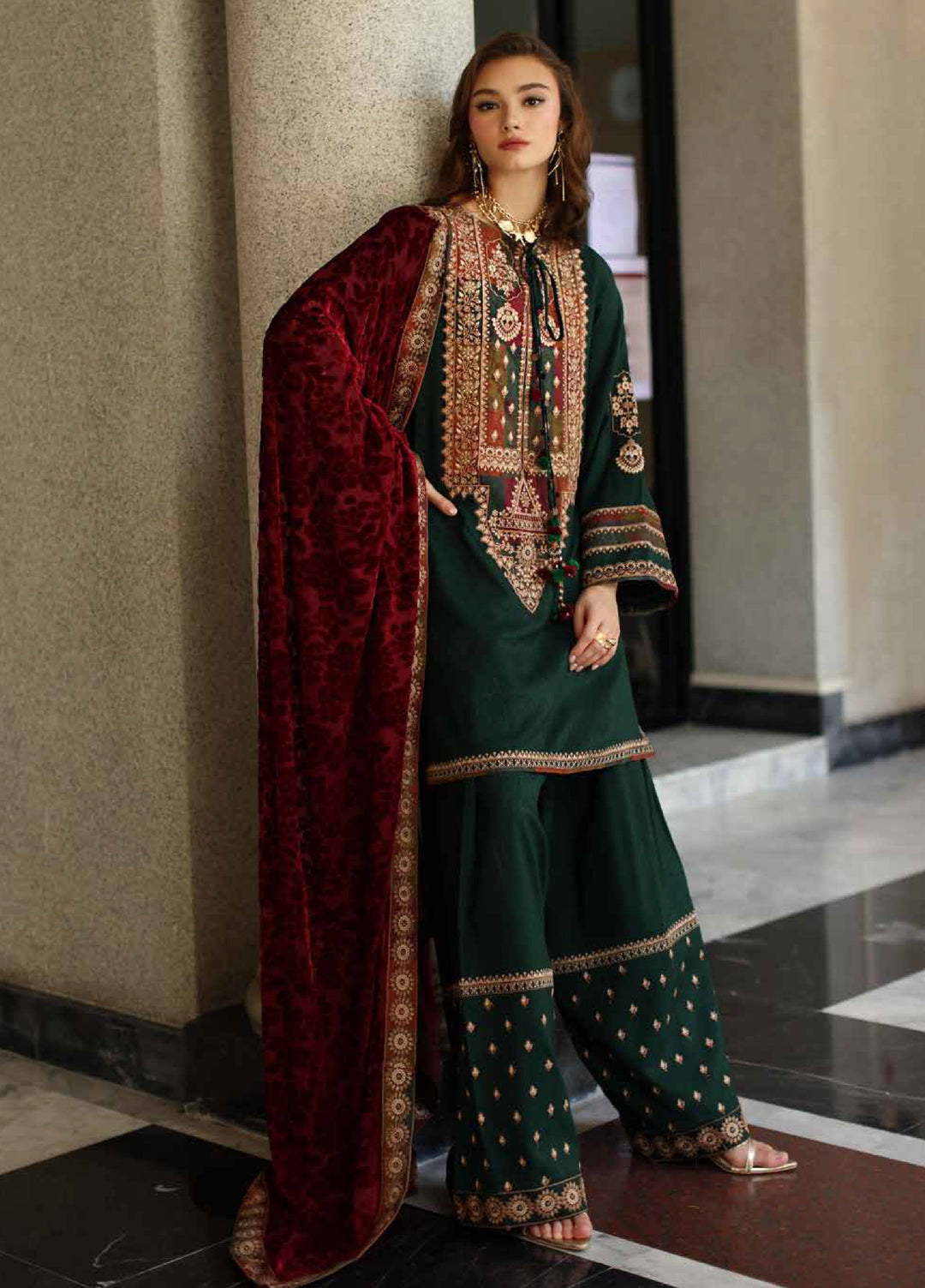 Poshima by Charizma Unstitched Peach Leather Embroidered Suit with Velvet Shawl 3 Piece CRZ25LW PSW5-17 - Winter Collection