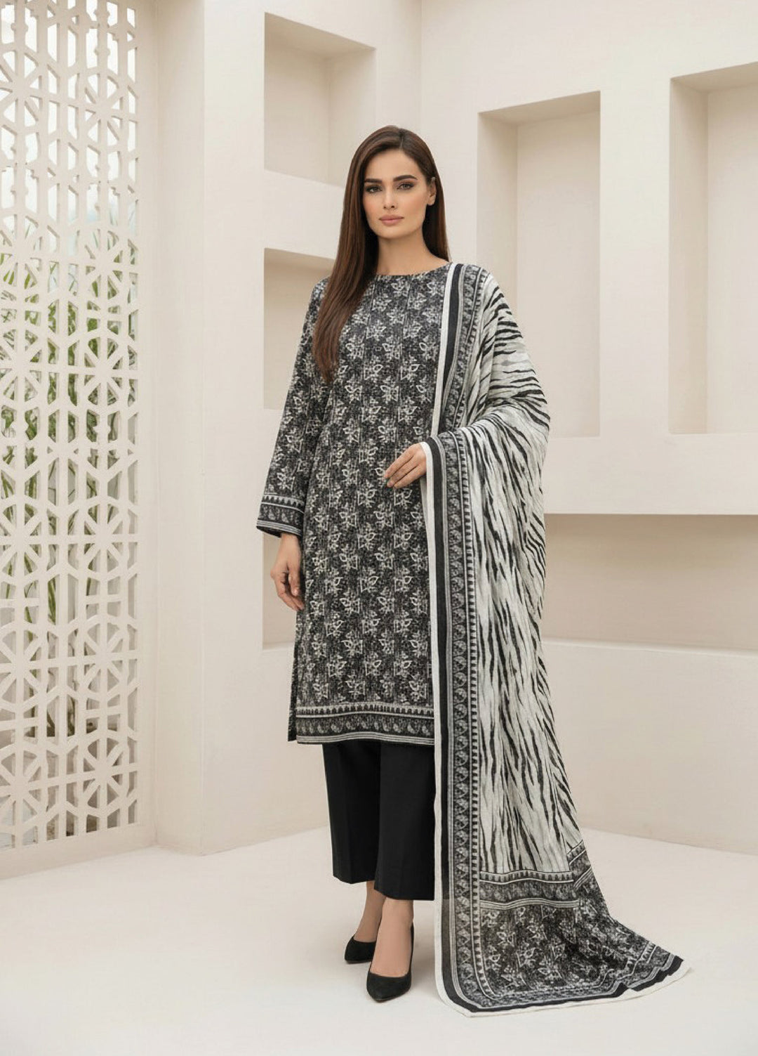 Black N White by Regalia Textiles Unstitched Printed Lawn 3 Piece Suit RG26ULBW D7 - Casual Collection