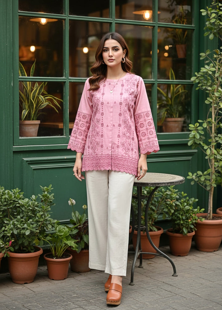 Lakhany Women Pret Embroidered Cambric Shirt Pink - Winter Collection