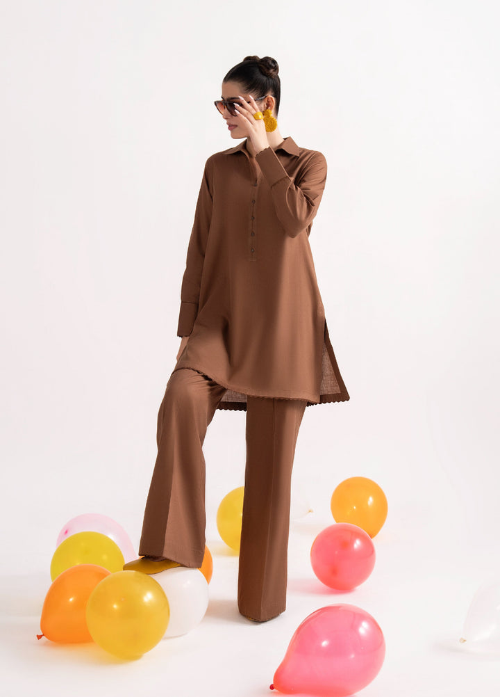 Like a Bird by Casuallite Women Pret Linen Solids Suits 2 Piece D-2 Cocoa Edge - Winter Collection