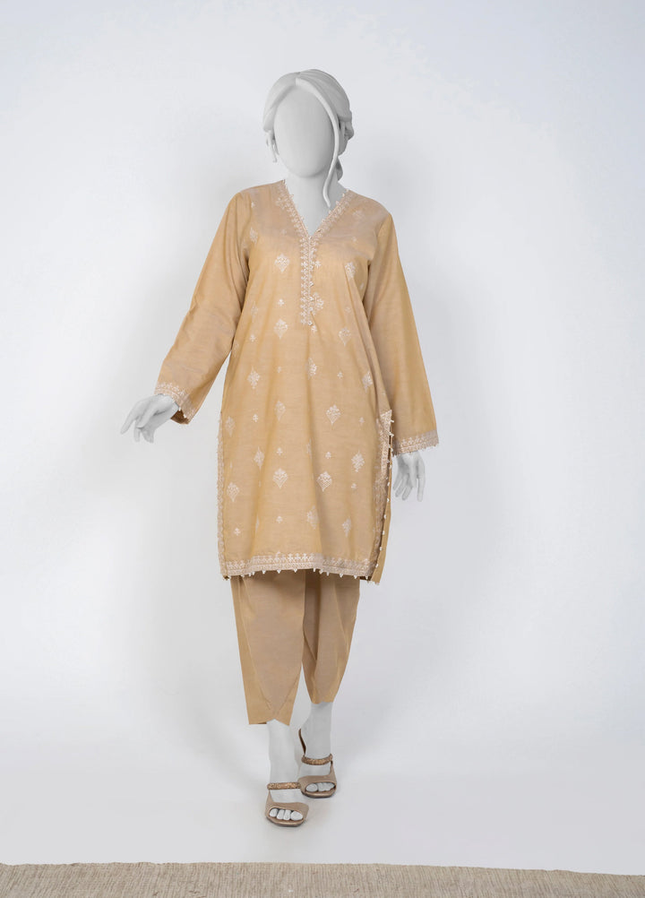 Ayla Studio Women Pret Chambray Solid Embroidered 2-Piece RTW Beige - Winter Collection