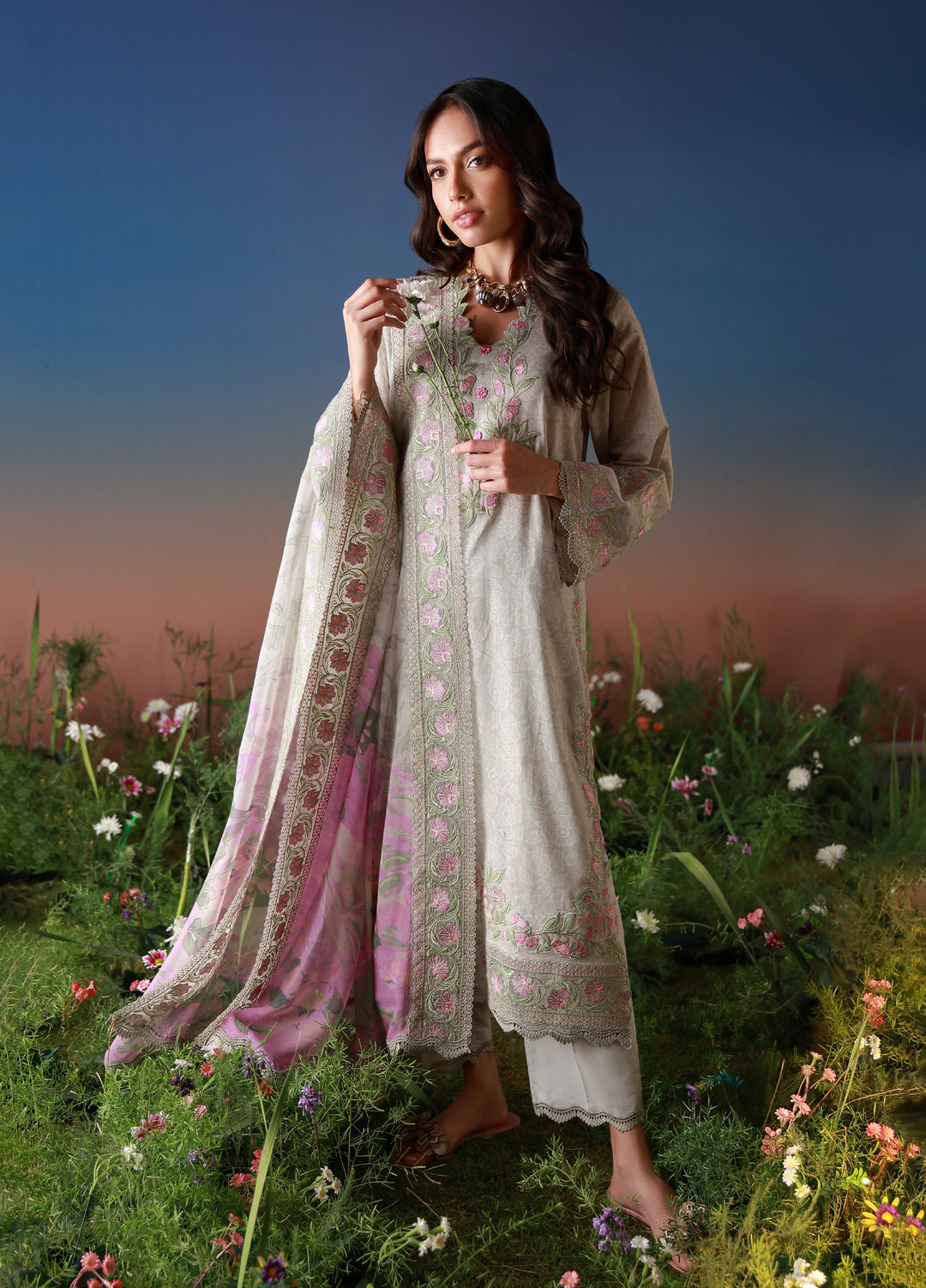 Mirha by Sahar Unstitched Embroidered Lawn 3 Piece Suit SS1-26-38 Ivory Petaline - Summer Collection