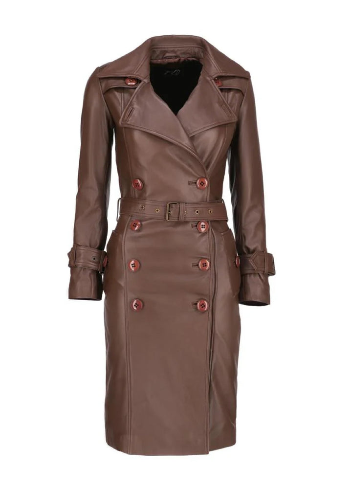 Jild Bomber Jacket Solids Womens Leather Long Coat Brown - Winter Collection