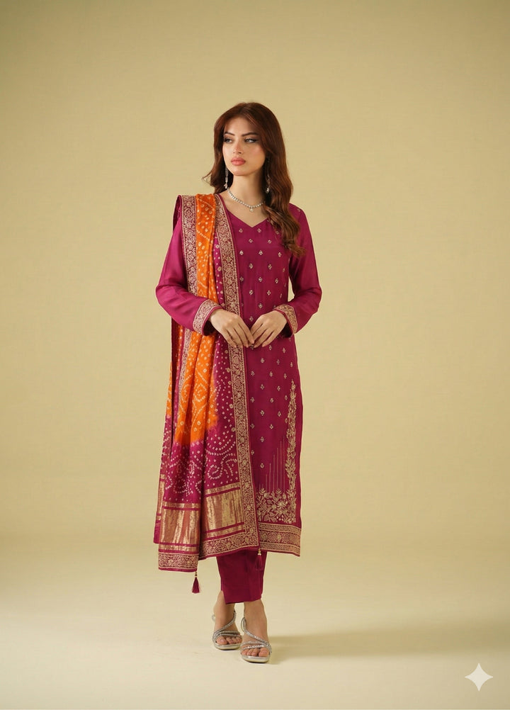 Satrang by Zouj Unstitched Chunri Chiffon Embroidered Suits 3 Piece ZJ25SC ZJCH-0033 Pink - Festive Collection