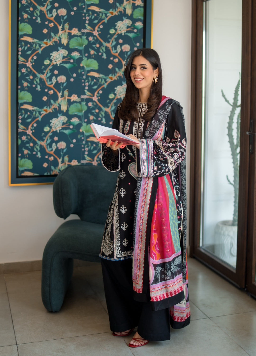 Siraa by Sadaf Fawad Khan Unstitched Embroidered Luxury Lawn 3 Piece Suit SDF26USL Kohl - Festive Collection