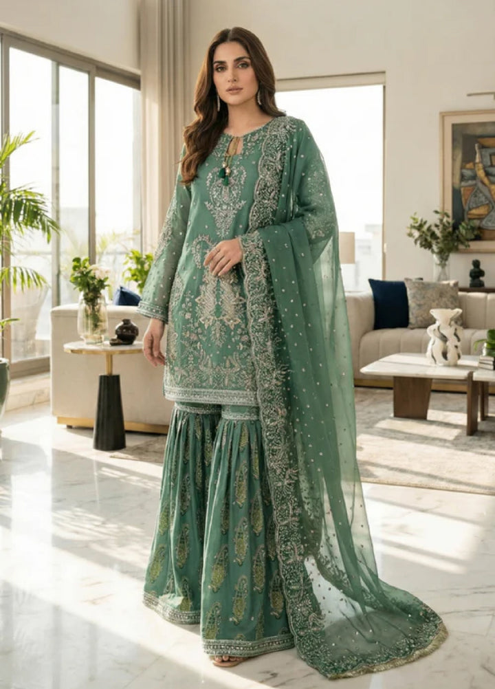 Essentials by Diara Couture Women Pret Embroidered Organza 3 Piece Suit Habiba DF-56 Green - Wedding Collection