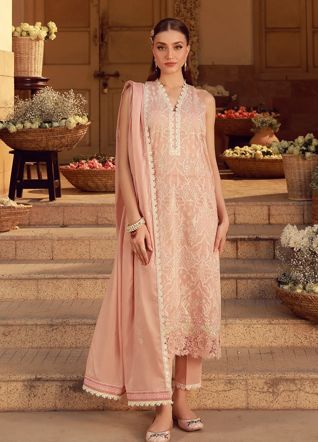 Sahar Unstitched Chikankari Lawn Peach Blosoom Muse 3 Piece Suit CK-26-V2-01 - Summer Collection