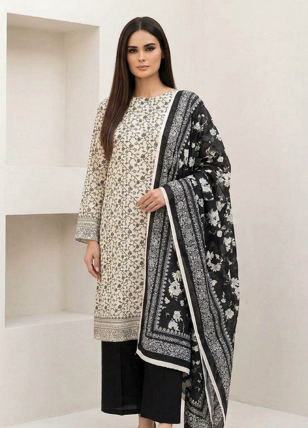 Black N White by Regalia Textiles Unstitched Printed Lawn 3 Piece Suit RG26ULBW D5 - Casual Collection